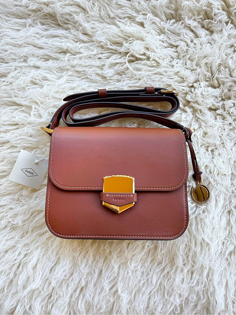 Fossil Lennox Flap Crossbody Bag Brown Leather Gold Hardware NWT